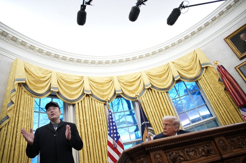 Elon Musk delivers remarks alongside President Donald Trump during an executive order signing in the Oval Office at the White House on February 11, 2025 in Washington, D.C.