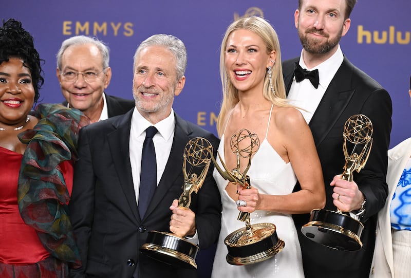 Jon Stewart and Desi Lydic at the 76th Primetime Emmy Awards held at Peacock Theater on September 15, 2024 in Los Angeles, California. (Photo by Gilbert Flores/Variety via Getty Images)
