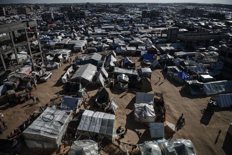 An aerial view of the makeshift tents as the Palestinian families seek refuge at the El-Mavasi district as they struggle to find clean water, food and medicine as the Israeli attacks continue in Rafah on February 9, 2024.