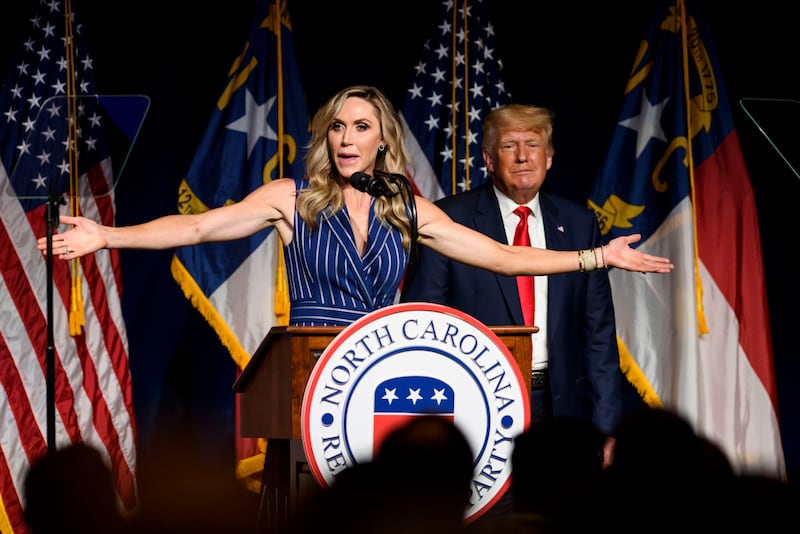 Laura Trump speaks at the North Carolina GOP state convention with Donald Trump shortly after he left office in 2021.