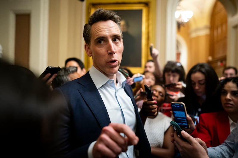 WASHINGTON, DC - JUNE 28: U.S. Sen. Josh Hawley (R-MO) speaks with reporters while arriving for a meeting with Senate Republicans in the U.S. Capitol on June 28, 2025 in Washington, DC. Senate Republicans overnight released a new version of the "One, Big, Beautiful Bill," as they approach U.S. President Donald Trump's July 4 deadline. (Photo by Al Drago/Getty Images)