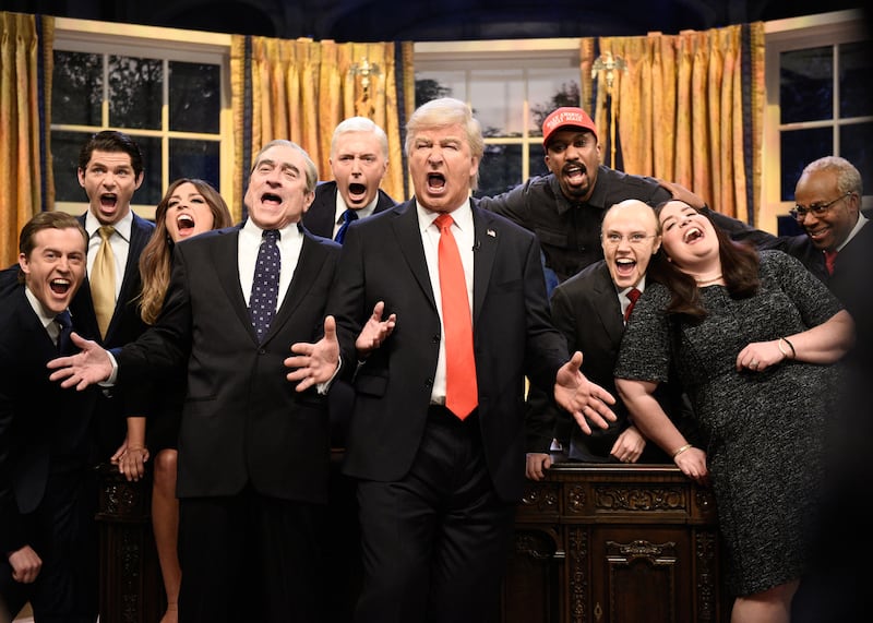 SATURDAY NIGHT LIVE -- "Paul Rudd" Episode 1767 -- Pictured: (l-r) Alex Moffat as Eric Trump, Mikey Day as Donald Trump Jr., Cecily Strong as Melania Trump, Robert De Niro as Robert Muelle, Beck Bennett as Mike Pence, Alec Baldwin as Donald Trump, Chris Redd as Kanye West, Kate McKinnon as Jeff Sessions, Aidy Bryant as Sarah Sanders, Kenan Thompson as Clarence Thomas during "Dont Stop Us Now" Cold Open on May 18, 2019 -- (Photo by: Will Heath/NBCU Photo Bank/NBCUniversal via Getty Images via Getty Images)