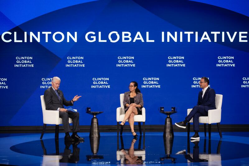 Bill Clinton, left, and Pennsylvania Governor Josh Shapiro, right, at the Clinton Global Initiative annual meeting in New York City on September 23, 2024.