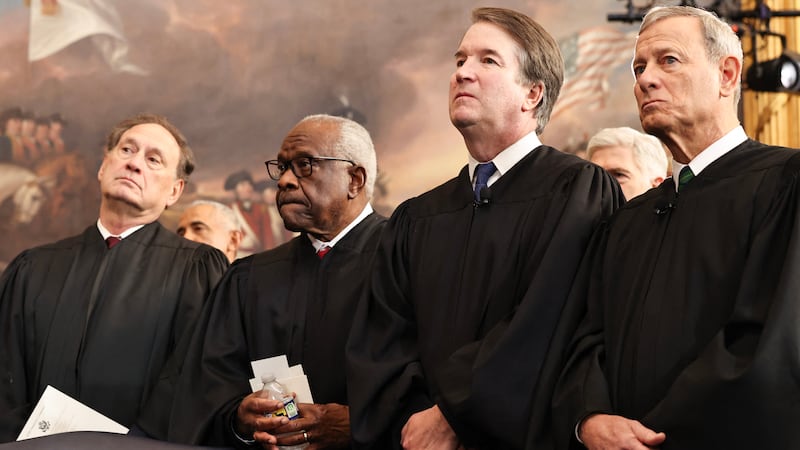 (From L-R) US Associate Supreme Court Justices Samuel Alito, Jr., Clarence Thomas and Brett Kavanaugh and U.S. Supreme Court Chief Justice John Roberts look on during inauguration ceremonies in the Rotunda of the U.S. Capitol on January 20, 2025 in Washington, DC. Donald Trump takes office for his second term as the 47th president of the United States. (Photo by Chip Somodevilla / POOL / AFP) (Photo by CHIP SOMODEVILLA/POOL/AFP via Getty Images)
