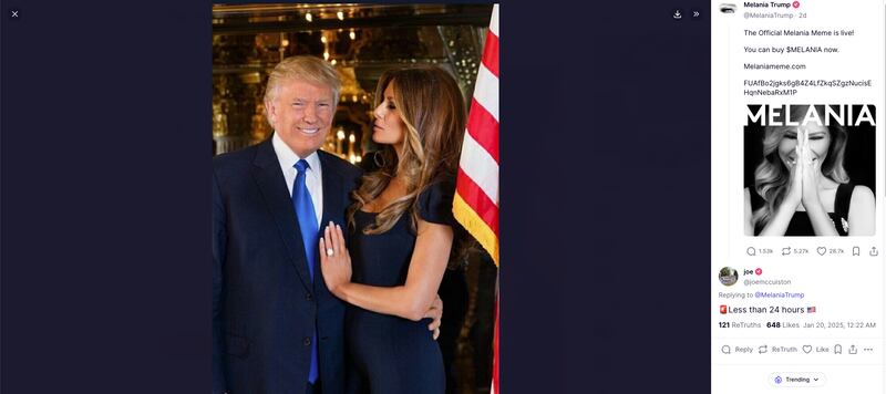 Donald Trump’s anniversary post led to a reply of Melania announcing her meme coin.