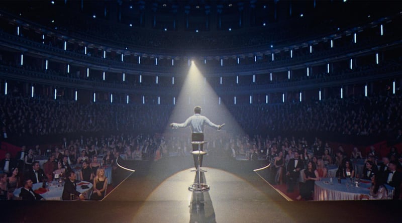 Jonno Davies and Robbie Williams as "Robbie Williams" in Better Man from Paramount Pictures.