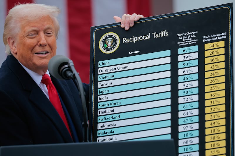 President Donald Trump sharing a poster about his "reciprocal" tariffs in the Rose Garden on April 2. He told TIME that he has made 200 deals in his interview to mark 100 days, but no deals have been announced.