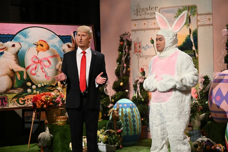 James Austin Johnson as Donald Trump and Bowen Yang as the Easter Bunny