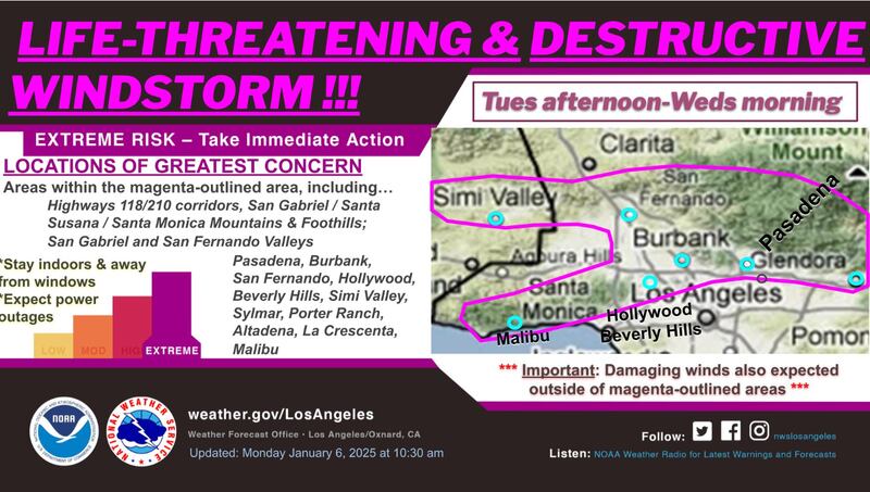 A January 6, 2025 public notice from the National Weather Service warns of a "life-threatening and destructive windstorm" in the Los Angeles area.