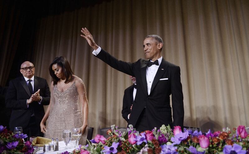 WASHINGTON, DC - APRIL 30: (AFP OUT) President Barack Obama waves to the audience after speaking at the White House Correspondents' Association annual dinner on April 30, 2016 at the Washington Hilton hotel in Washington, DC. This is President Obama's eighth and final White House Correspondents' Association dinner (Photo by Olivier Douliery-Pool/Getty Images)