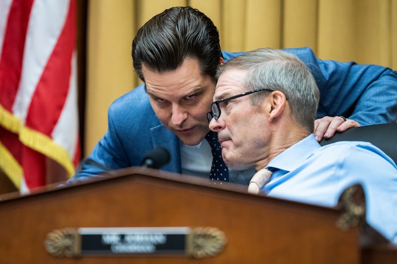 Chairman Jim Jordan, R-Ohio, right, and Rep. Matt Gaetz, R-Fla., confer during House Judiciary Select Subcommittee on the Weaponization of the Federal Government.