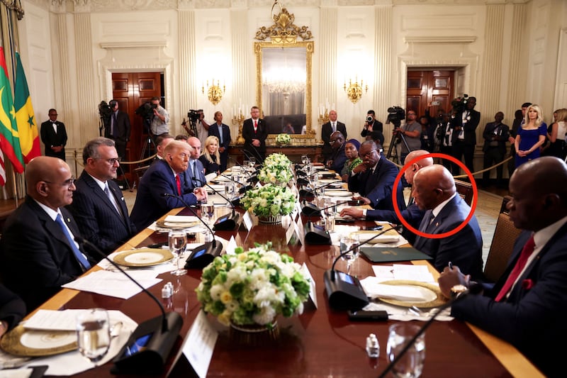Senegal's President Bassirou Diomaye Faye, Guinea-Bissau's President Umaro Sissoco, Mauritania's President Mohamed Ould Ghazouani, Liberian President Joseph Boakai and Gabon's President Brice Oligui Nguema attend a lunch for African representatives of Gabon, Guinea-Bissau, Liberia, Mauritania, and Senegal hosted by U.S. President Donald Trump in the State Dining Room at the White House in Washington, D.C., U.S., July 9, 2025.