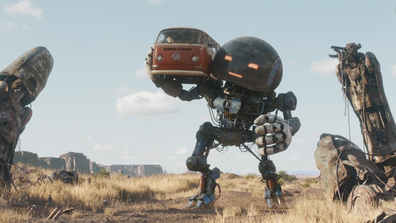 Herman (voiced by Anthony Mackie) provides a helping hand to Millie Bobby Brown, Cosmo (voiced by Alan Tudyk) and Chris Pratt.
