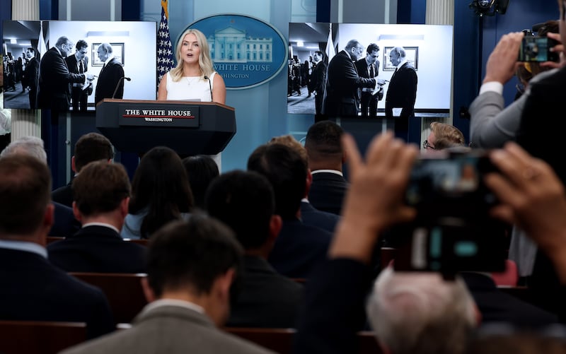 White House press secretary Karoline Leavitt hits out at the media over Russia during the press briefing at the White House on August 19, 2025
