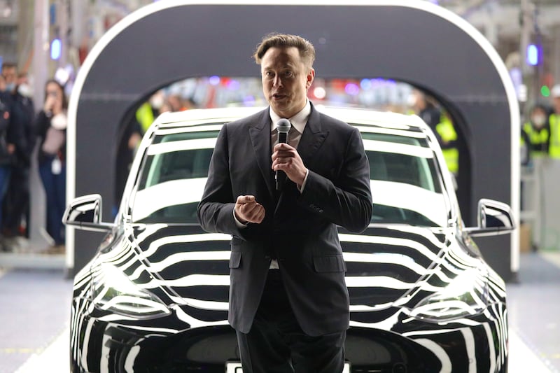Tesla CEO Elon Musk speaks during the official opening of the new Tesla electric car manufacturing plant on March 22, 2022 near Gruenheide, Germany.