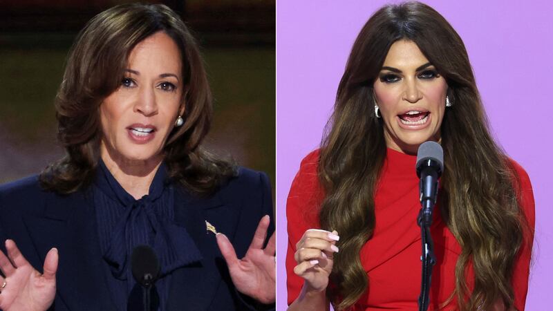 Split image of Kamala Harris and Kimberly Guilfoyle