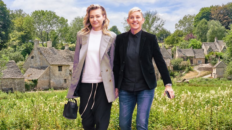 A photo illustration of Ellen DeGeneres and wife Portia de Rossi in Arlington Row, Bibury, Cotswolds.