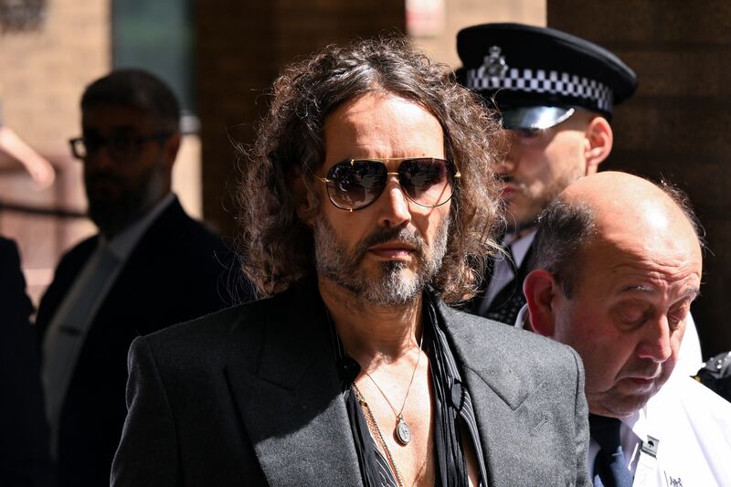 Russell Brand departs Southwark Crown Court after pleading not guilty on May 30, 2025 in London, England. The charges relate to accusations of rape, indecent assault and sexual assault between 1999 and 2005.