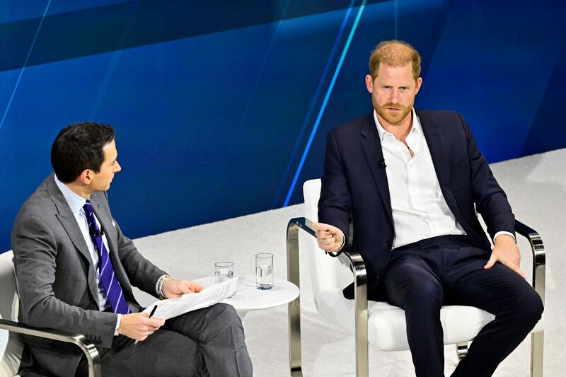 NEW YORK, NEW YORK - DECEMBER 04: Prince Harry, Duke of Sussex, speaks onstage during The New York Times Dealbook Summit 2024 at Jazz at Lincoln Center on December 04, 2024 in New York City. (Photo by Eugene Gologursky/Getty Images for The New York Times)