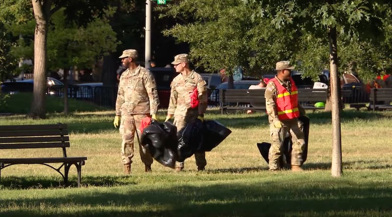 Troops in Lafeyette Park, across from the White House, collecting trash—the Guard members have been put to work on over 40 “beautification” projects around the city.
