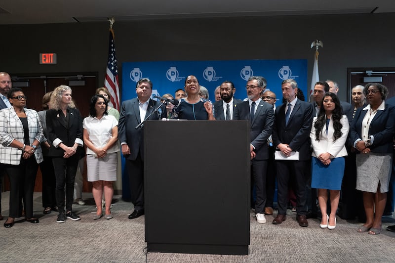 Texas Democrats were joined by party leaders and Illinois Democrats including the governor and lt. governor for a press conference in Aurora, Illinois as they remain out of state in an effort to prevent a vote on redistricting.