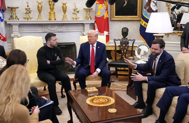 U.S. President Donald Trump (C) and Vice President JD Vance meet with Ukrainian President Volodymyr Zelensky in the Oval Office at the White House on February 28, 2025 in Washington, DC.