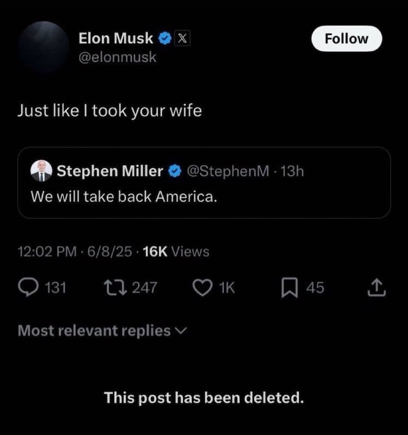 Screenshot of a fake post suggesting Elon Musk mocking Stephen Miller with a "just like I took your wife" post.