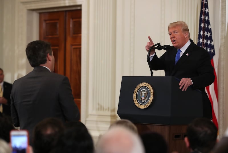 WASHINGTON, DC - NOVEMBER 07: U.S. President Donald Trump answers a question from Jim Acosta of CNN after giving remarks a day after the midterm elections on November 7, 2018 in the East Room of the White House in Washington, DC. Republicans kept the Senate majority but lost control of the House to the Democrats. (Photo by Mark Wilson/Getty Images)