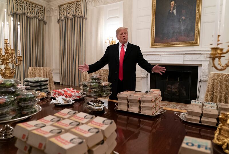 Trump presented burgers to the visiting Clemson Tigers in January 2019 after the won the college football national championship.