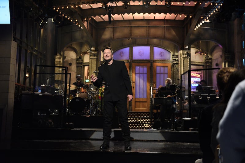 SATURDAY NIGHT LIVE -- "Elon Musk" Episode 1803 -- Pictured: Host Elon Musk during the monologue on Saturday, May 8, 2021 -- (Photo By: Will Heath/NBC/NBCU Photo Bank via Getty Images)