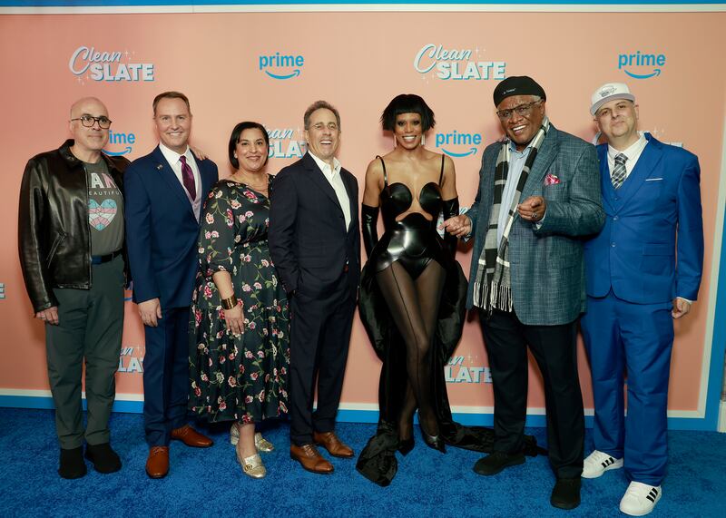 Paul Hilepo, Brent Miller, Simran Baidwan, Jerry Seinfeld, Laverne Cox, George Wallace, and Dan Ewen attend the "Clean Slate" red carpet special screening in New York at Crosby Street Hotel in January.