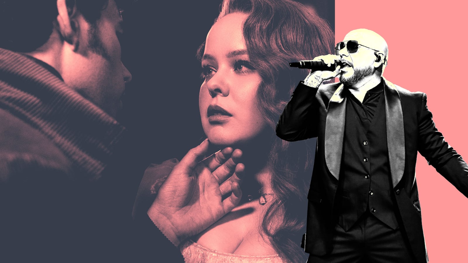 A photo illustration of Nicola Coughlan and Luke Newton with Pitbull