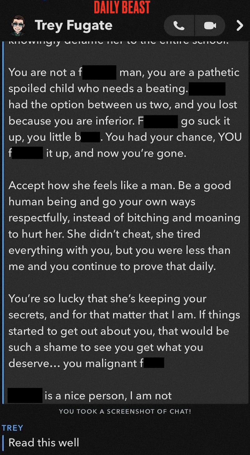 A screenshot of a message Thomas Fugate, Trump's 22-year-old terrorism chief, sent to a child in a row over a girl.