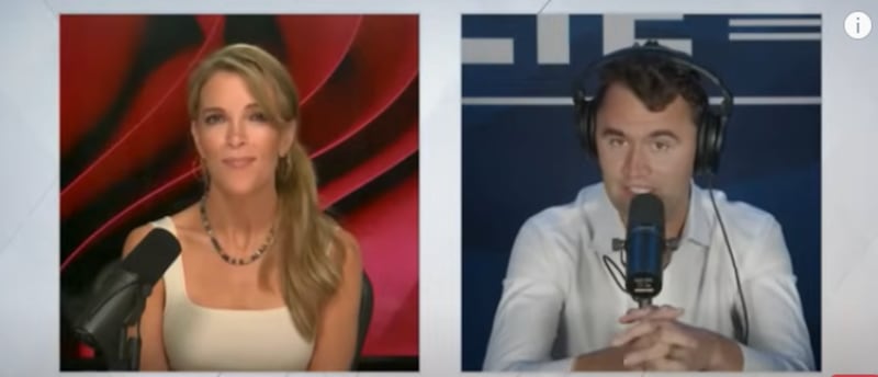 A side-by-side view of Megyn Kelly and Charlie Kirk speaking into microphones.