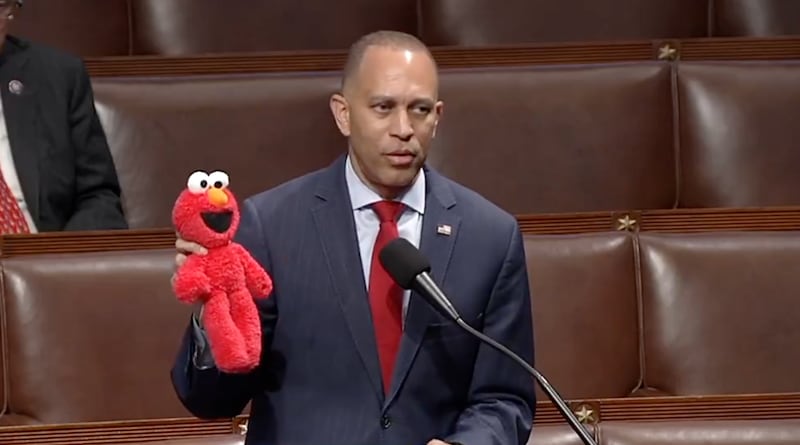 House Minority Leader Hakeem Jeffries speaking on the House floor on June 12 ahead of the vote on the bill that would claw back funds from PBS.
