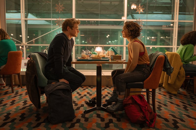 Film still of Haley Lu Richardson and Ben Hardy in 'Love at First Sight'