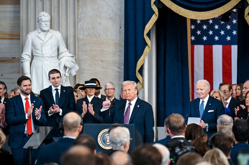 President Donald Trump spoke to about 600 people in the Capitol Rotunda after being sworn in Monday.