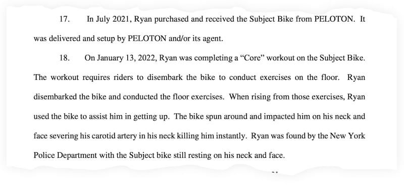 A snippet from the lawsuit filed against Peloton by Ryan Furtado’s mom Johanna.