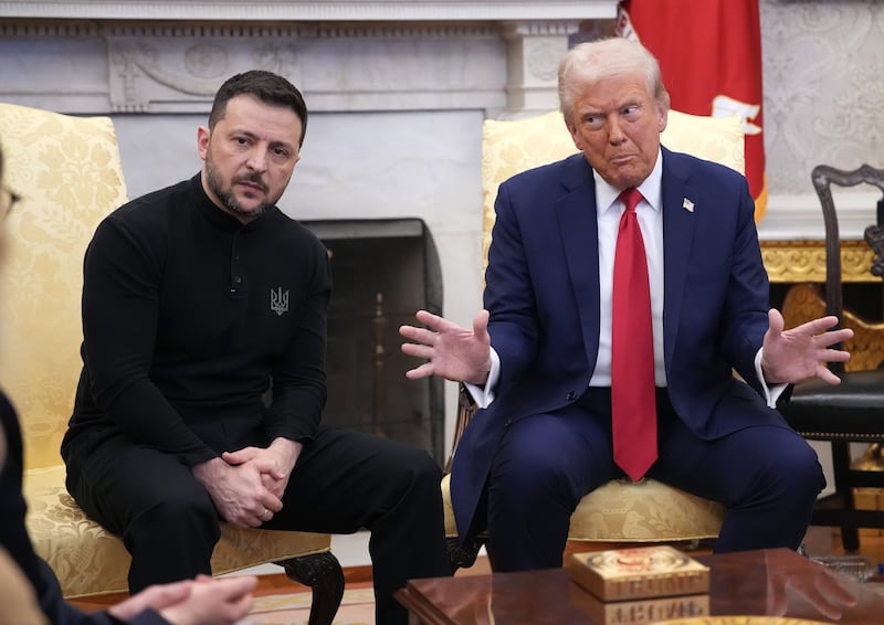 WASHINGTON, DC - FEBRUARY 28: U.S. President Donald Trump (R) and Ukrainian President Volodymyr Zelensky meet in the Oval Office at the White House on February 28, 2025 in Washington, DC. Trump and Zelensky are meeting today to negotiate a preliminary agreement on sharing Ukraine’s mineral resources that Trump says will allow America to recoup aid provided to Kyiv while supporting Ukraine’s economy. (Photo by Andrew Harnik/Getty Images)