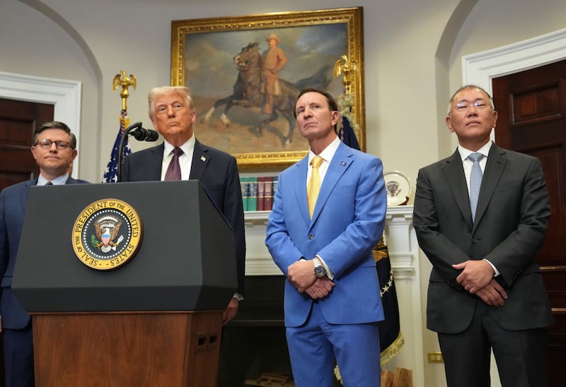 President Donald Trump speaks at a press conference from the Roosevelt Room of the White House Monday.