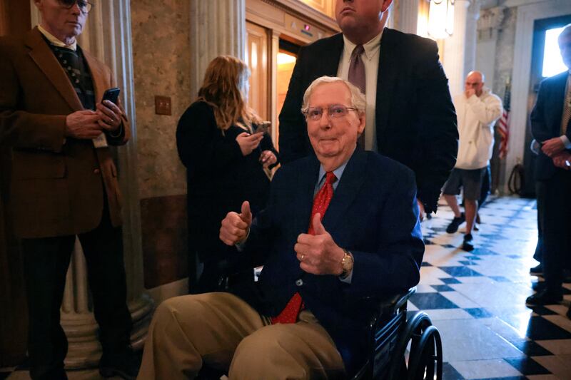 WASHINGTON, DC - FEBRUARY 12: U.S. Sen. Mitch McConnell (R-KY) gives a thumbs up while arriving to vote on Tulsi Gabbard as President Donald Trump’s Director of National Intelligence at the Senate Chambers on February 12, 2025 in Washington, DC. By a vote of 52-48, the Senate confirmed her nomination. McConnell was the only Republican to vote no. (Photo by Kayla Bartkowski/Getty Images)