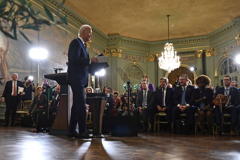 A photograph of US President Joe Biden leaving after speaking during a press conference after meeting with Chinese President Xi Jinping during the Asia-Pacific Economic Cooperation (APEC) Leaders' week in Woodside, California on November 15, 2023.