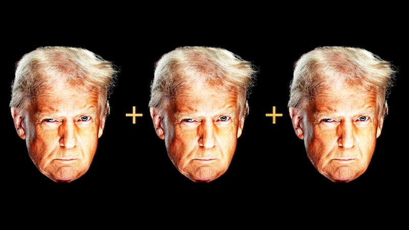 Donald Trump's presidential portrait three times with + signs in between