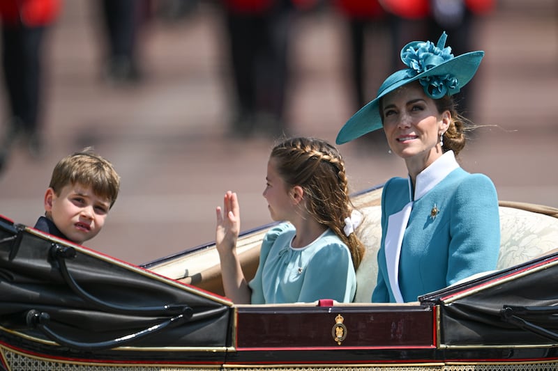 LONDON, UNITED KINGDOM JUNE 14: Catherine, Princess of Wales (second from L), and Princess Charlotte of Wales (L) attend the "Trooping the Colour" parade in London, United Kingdom, on June 14, 2025. The parade has marked the official birthday of the British monarch for over 250 years. (Photo by Rasid Necati Aslim/Anadolu via Getty Images)