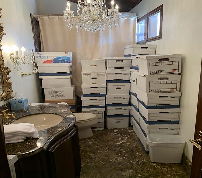 Stacks of boxes can be observed in a bathroom and shower in the Mar-a-Lago Club’s Lake Room at former U.S. President Donald Trump's Mar-a-Lago estate in Palm Beach, Florida.