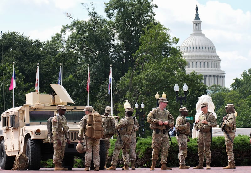 Members of the National Guard patrol near D.C.'s Union Station.