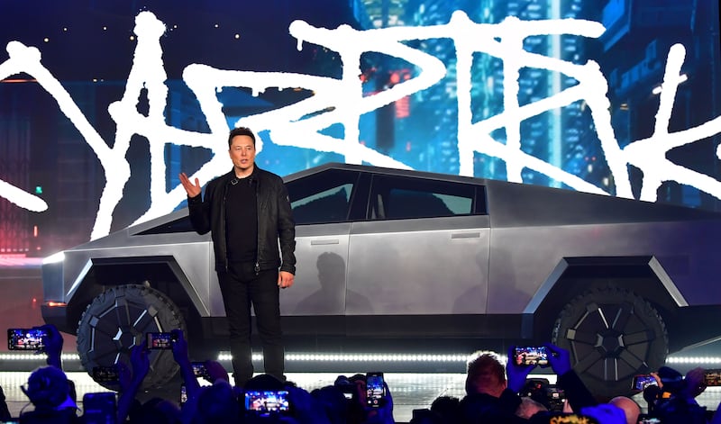 Elon Musk introduces the all-electric battery-powered Tesla Cybertruck.