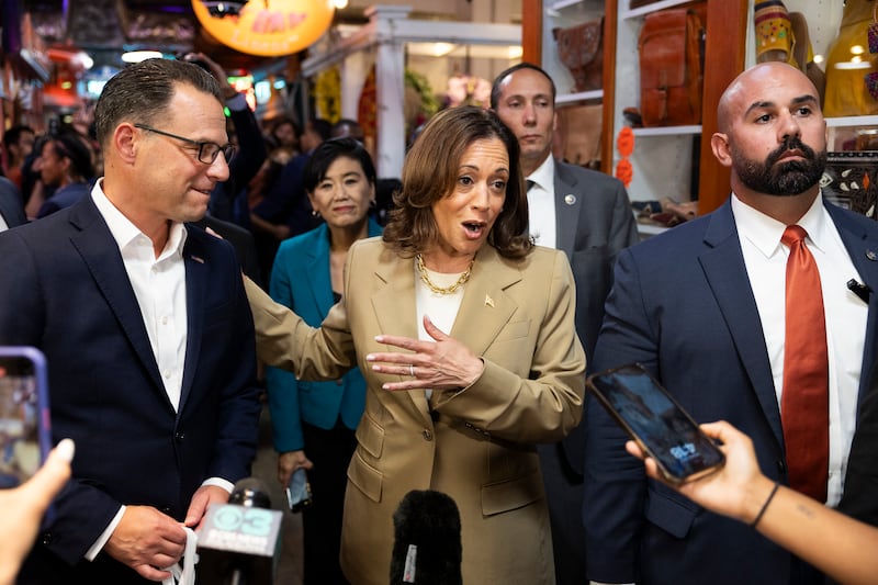 Vice President Kamala Harris and Pennsylvania Governor Josh Shapiro speak to the press
