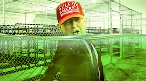 A photo illustration of President Donald Trump floating in swamp water at the "Alligator Alcatraz" detention center in Florida.