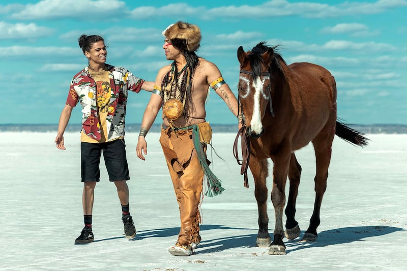 D’Pharaoh Woon-A-Tai as Bear and Dallas Goldtooth as Knifeman/Spirit in Reservation Dogs.